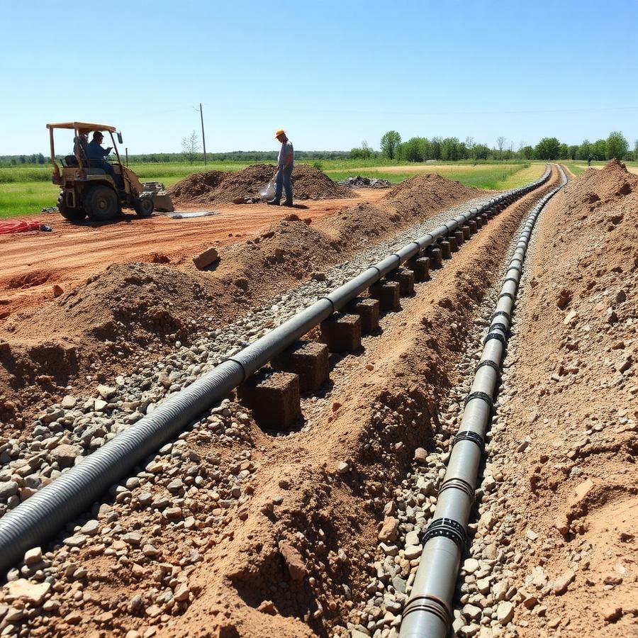Drain field installation with gravel and piping